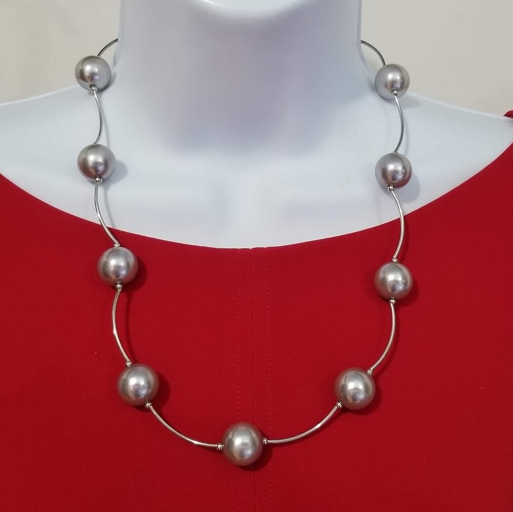 Silver faux pearls station necklace, adjustable